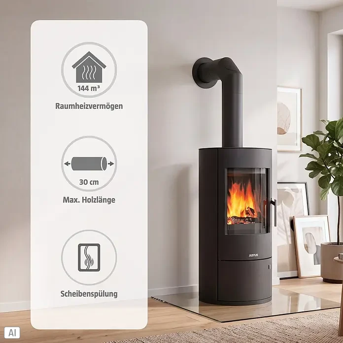 Justus Kaminofen Austin 7 - 7 kW, Raumheizvermögen: 144 m³, Material Verkleidung: Stahl, Schwarz - Schwarzer Kaminofen mit brennendem Feuer in einem modernen Wohnzimmer, mit einem Overlay, das Heizleistung und Holzlänge anzeigt.