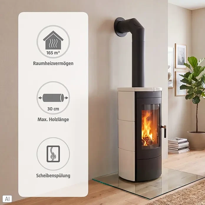 Hark Kaminofen Tiamo Ex - 6 kW, Raumheizvermögen: 165 m³, Material Verkleidung: Keramik, Creme/Weiß - Moderner weiß-schwarzer Kaminofen mit Feuer, Abzugsrohr und Infotafel: 165 m³ Heizleistung, 30 cm max. Holzlänge, Scheibenspülung.