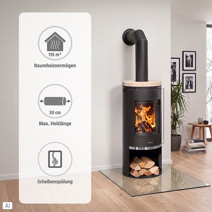 Justus Kaminofen Faro 2.0 (6 kW, Raumheizvermögen: 124 m³, Material Abdeckung: Sandstein, Schwarz)