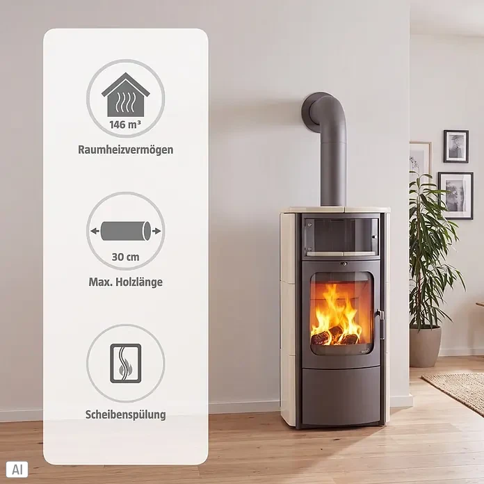 Hark Kaminofen Opera B - 7 kW, Raumheizvermögen: 146 m³, Material Verkleidung: Keramik, Creme/Weiß - Informationsansicht