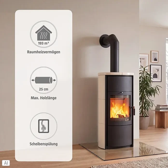 Hark Kaminofen Keno ECOplus - 7 kW, Raumheizvermögen: 193 m³, Material Verkleidung: Keramik, Creme/Weiß - Ein moderner Kaminofen, schwarz mit heller Keramikverkleidung, brennt Holz in einem gemütlichen Wohnzimmer.