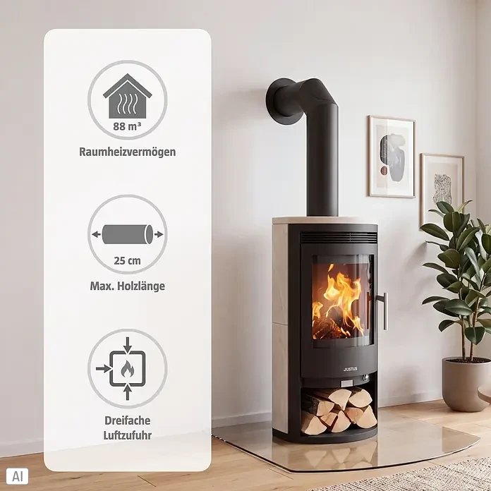Justus Kaminofen Baltrum D 2.0 - 5,5 kW, Raumheizvermögen: 88 m³, Schwarz/Kalkstein - Moderner Kaminofen mit Steinverkleidung, brennendem Feuer, Holzscheiten und Details: 88 m³ Heizleistung, max. 25 cm Holzlänge, dreifache Luftzufuhr.