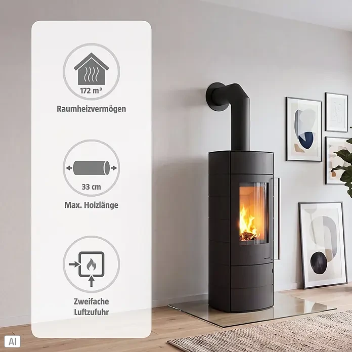 Kaminofen Alpha Ring - 6 kW, Raumheizvermögen: 172 m³, Material Verkleidung: Stahl, Farbe Verkleidung: Schwarz - Schwarzer Kaminofen mit glühendem Feuer im modernen Wohnzimmer. Infobox zeigt 172 m³ Heizleistung, 33 cm Holz max., doppelte Luftzufuhr.