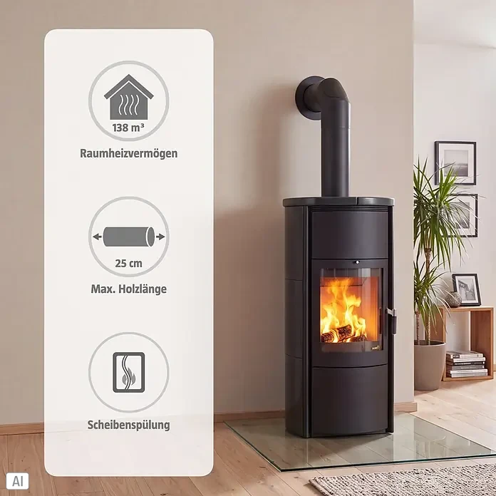 Hark Kaminofen Keno ECOplus - 5 kW, Raumheizvermögen: 138 m³, Material Verkleidung: Keramik, Meteor-Schwarz - Schwarzer Kaminofen mit brennendem Holz im Raum. Eine Einblendung zeigt 138 m³ Heizvermögen und max. 25 cm Holzlänge an.