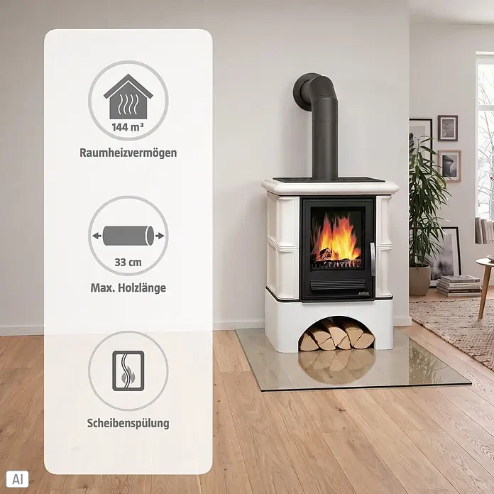 Justus Kaminofen Bavaria - 7 kW, Raumheizvermögen: 144 m³, Material Verkleidung: Keramik, Ahorn weiß - Weißer Kachelofen mit schwarzer Brennkammer, Ofenrohr und brennendem Holz, mit integriertem Holzfach und sichtbaren Spezifikationen.