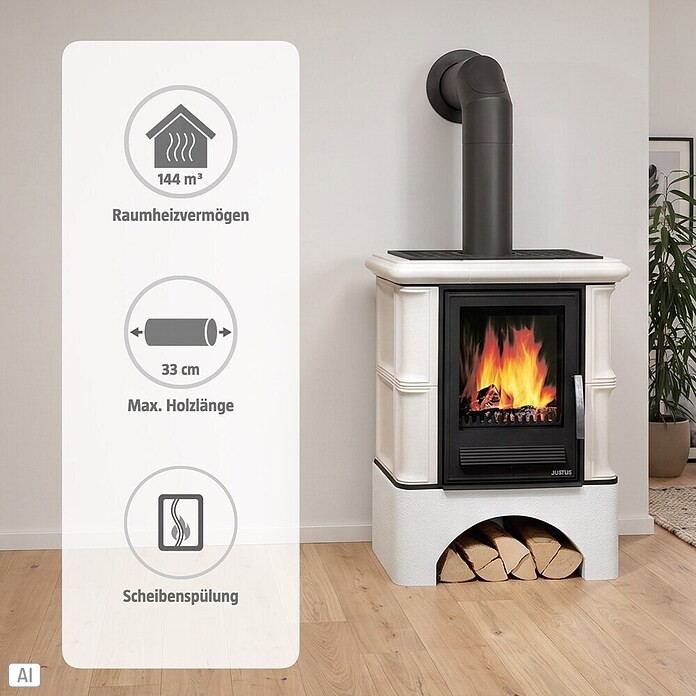 Justus Kachelkamin Bavaria (7 kW, Raumheizvermögen: 144 m³, Verkleidung: Keramik, Ahorn weiß)