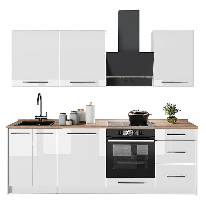 Vicco Küchenzeile - Breite: 230 cm, Weiß Hochglanz, Ohne Elektrogeräte - Moderne Küchenzeile mit hochglänzenden weißen Schränken, schwarzen Geräten und einer Arbeitsplatte aus Holz.