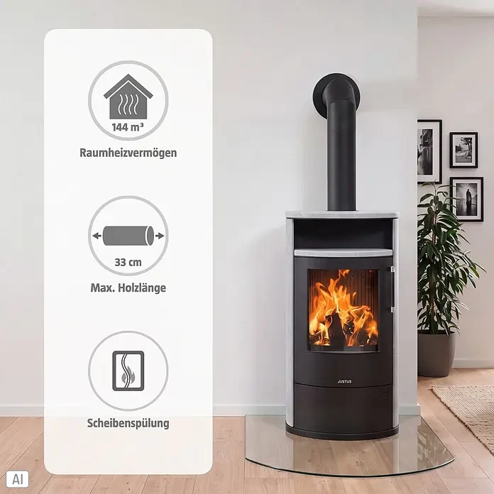 Justus Kaminofen Island 7 2.0 - 7 kW, Raumheizvermögen: 144 m³, Farbe Verkleidung: Speckstein - Moderner schwarz-hellgrauer Kaminofen mit sichtbaren Flammen, ausgestattet mit Raumheizvermögen, max. Holzlänge und Scheibenspülung.
