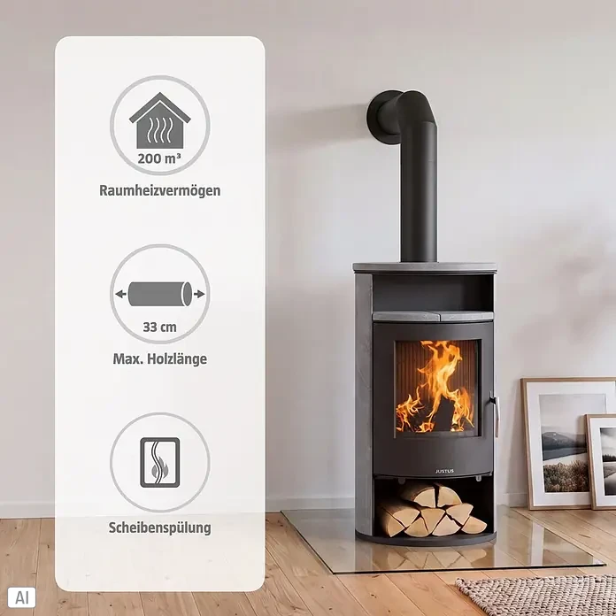 Justus Kaminofen Island Aqua - 10 kW, Raumheizvermögen: 200 m³, Material Verkleidung: Speckstein, Schwarz - Moderner grauer und schwarzer Kaminofen mit brennendem Feuer und Holzlager, daneben Info-Grafiken zu Heizleistung, Holzlänge und Scheibenspülung.