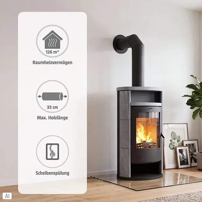 Fireplace Kaminofen Alicante Loticstone - 8,3 kW, Raumheizvermögen: 126 m³, Material Verkleidung: Speckstein, Schwarz - Moderner Kaminofen mit grauer Steinverkleidung und schwarzem Rauchrohr, hell brennend. Overlay zeigt 126m³ Heizleistung, max. 33cm Holzlänge, Scheibenspülung.