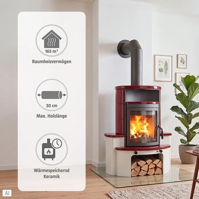 Hark Kaminofen Avenso GT ECOplus - 6 kW, Raumheizvermögen: 165 m³, Material Verkleidung: Keramik, Bordeaux - Roter und weißer Kaminofen mit brennendem Feuer, schwarzem Rauchrohr und integriertem Holzlager.