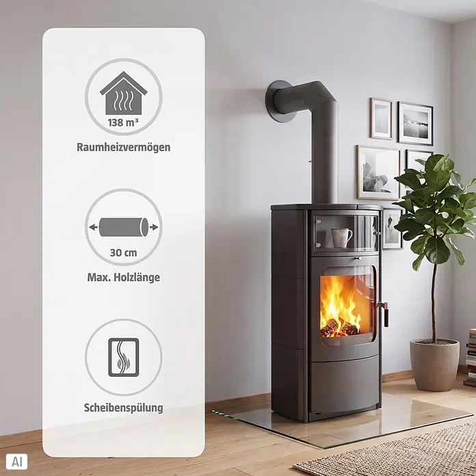 Hark Kaminofen Opera B - 5 kW, Raumheizvermögen: 138 m³, Material Verkleidung: Keramik, Schwarz - Dunkelgrauer Kaminofen mit brennendem Feuer im Wohnzimmer, ergänzt durch Infografiken zu Heizleistung, Holzgröße und Scheibenspülung.