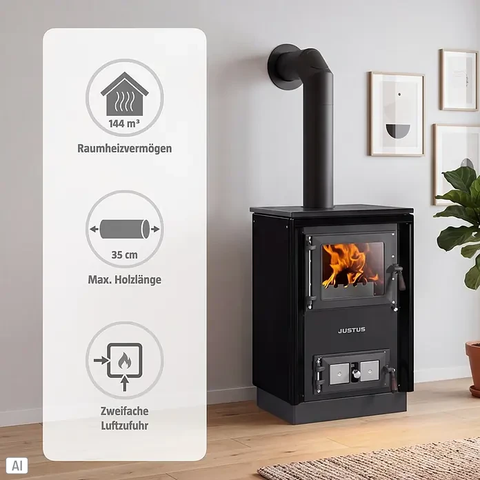Justus Küchenherd Rustico-50 2.0 - 7 kW, Raumheizvermögen: 144 m³, Schwarz - Schwarzer Holzofen mit brennendem Feuer, Schornstein und Informations-Overlay in einem Wohnraum.