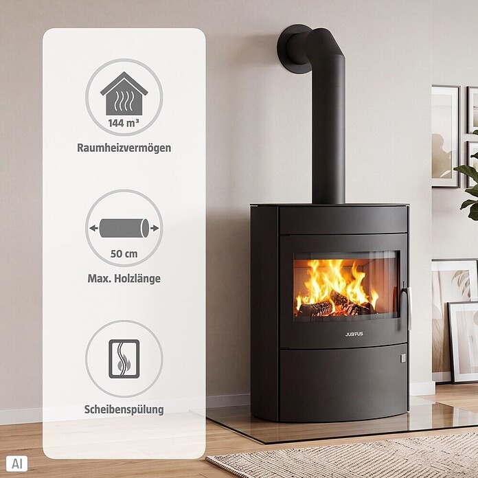 Justus Kaminofen Agero 2.0 (7 kW, Raumheizvermögen: 144 m³, Verkleidung: Stahl, Schwarz)
