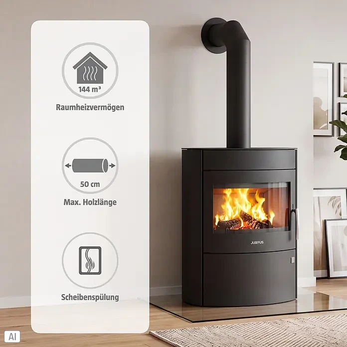 Justus Kaminofen Agero 2.0 - 7 kW, Raumheizvermögen: 144 m³, Material Verkleidung: Stahl, Schwarz - Schwarzer Kaminofen mit sichtbaren Flammen und Schornstein in einem modernen Wohnzimmer, mit Spezifikations-Overlay.