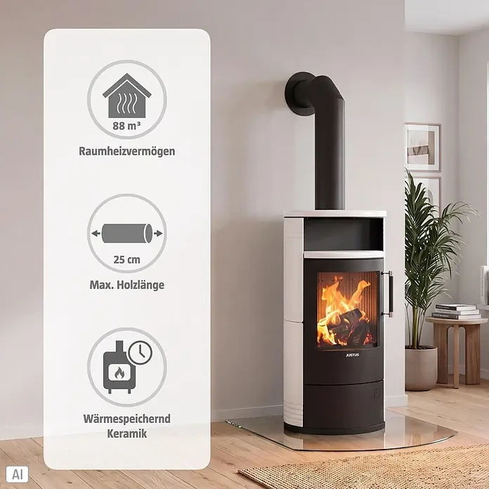 Justus Kaminofen Island 5 2.0 - 5 kW, Raumheizvermögen: 88 m³, Material Verkleidung: Keramik, Freddo/Schwarz - Weiß-schwarzer Kaminofen mit Keramikverkleidung und sichtbarem Feuer. Heizt bis 88 m³, max. Holzlänge 25 cm.