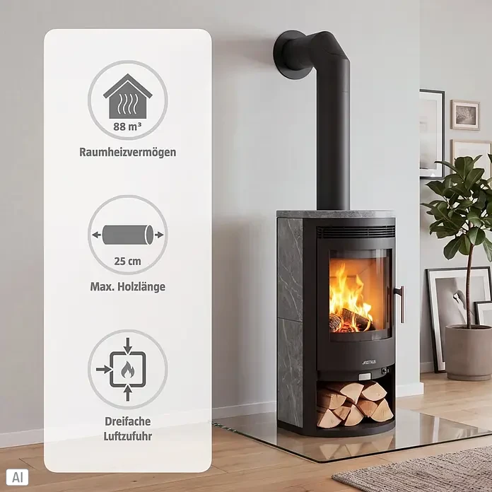 Justus Kaminofen Baltrum D 2.0 - 5,5 kW, Raumheizvermögen: 88 m³, Schwarz/Speckstein - Dunkelgrauer Kaminofen mit Steinverkleidung, brennendem Holz und Infotafel mit Details zu Heizleistung (88 m³) und Holzlänge (25 cm).