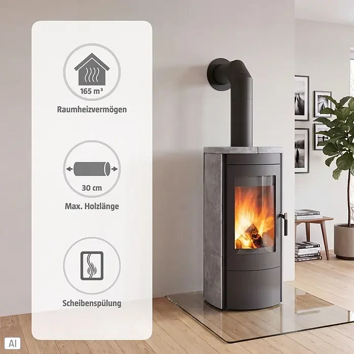 Hark Kaminofen Tiamo Ex - 6 kW, Raumheizvermögen: 165 m³, Material Verkleidung: Stahl, Grau - Moderner dunkler Kaminofen mit Steinplatte, 165 m³ Heizleistung, 30 cm Scheitholzlänge, und Scheibenspülung. Im Wohnzimmer platziert.