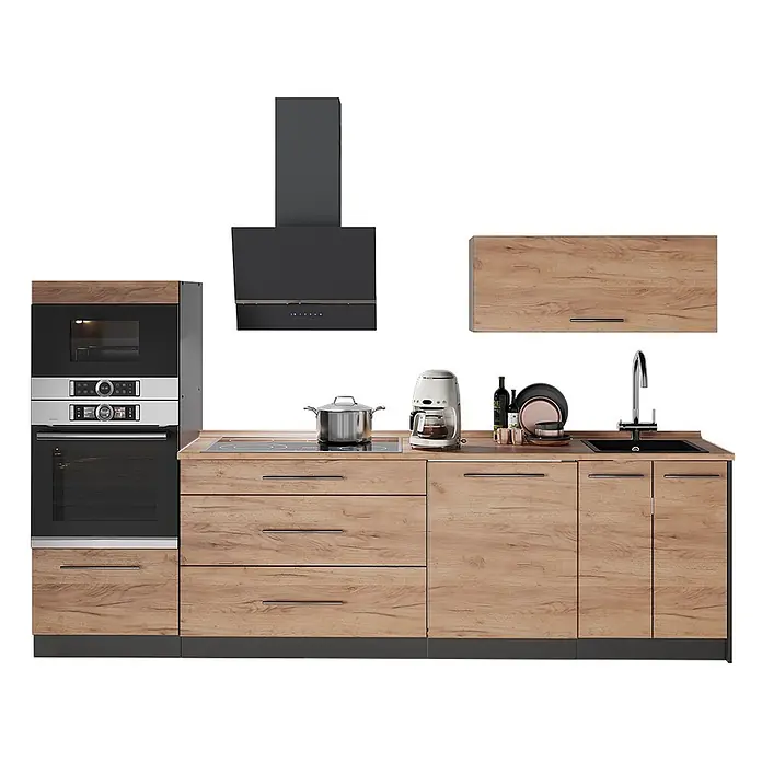 Vicco Küchenzeile - Breite: 280 cm, Goldkraft Eiche, Ohne Elektrogeräte - Moderne Küchenzeile mit hellen Holzfronten, dunklen Geräten und schwarzem Sockel. Inklusive Öfen, Kochfeld, Spüle und Dunstabzugshaube.