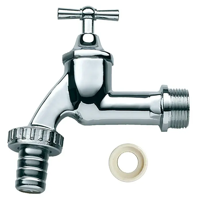Arves Auslaufhahn - ¾″, Metall, Passend für: Arves Regentonnen - Nahaufnahme eines glänzenden Wasserhahns mit Kreuzgriff und Gewindeanschluss, ideal für Garten oder Außenbereich.