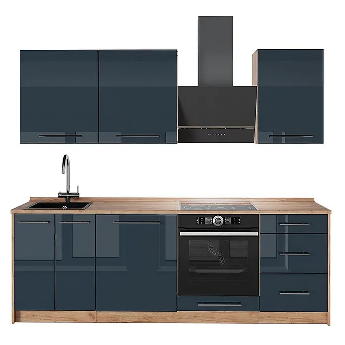 Vicco Küchenzeile Fame-Line, Dunkelblau Hochglanz/Goldkraft Eiche, 230 cm -  - Modulküche mit dunkelblauen Hochglanzschränken, Holzoptik-Arbeitsplatte, schwarzer Spüle, Backofen, Kochfeld und Dunstabzugshaube.