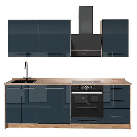 Vicco Küchenzeile Fame-Line, Dunkelblau Hochglanz/Goldkraft Eiche, 230 cm