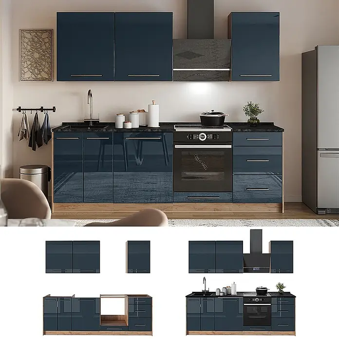 Vicco Küchenzeile Fame-Line, Dunkelblau Hochglanz/Goldkraft Eiche, 230 cm -  - Moderne dunkelblaue Hochglanzküche mit schwarzer Arbeitsplatte und integrierten Geräten.