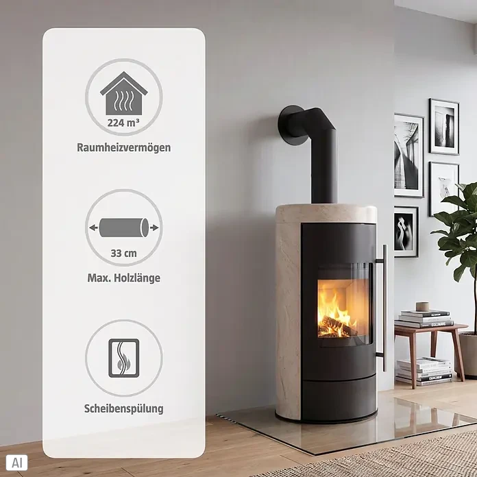 Kaminofen Ignis - 8 kW, Raumheizvermögen: 224 m³, Beige - Moderner Kaminofen mit heller Steinverkleidung und schwarzem Metall, brennendes Holz in einem Wohnzimmer.