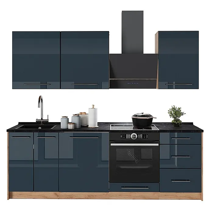 Vicco Küchenzeile Fame-Line, Dunkelblau Hochglanz/Goldkraft Eiche, 230 cm -  - Moderne Küchenzeile mit glänzend dunkelblauen Schränken, schwarzer Arbeitsplatte, integriertem Backofen, Kochfeld, Dunstabzugshaube und Edelstahlspüle. Holzsockel.
