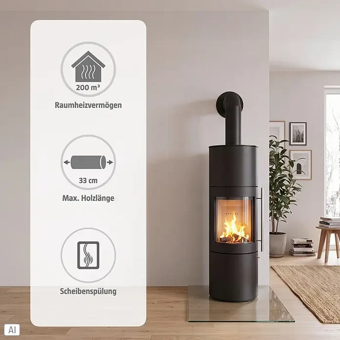 Kaminofen Xena - 7 kW, Raumheizvermögen: 200 m³, Höhe: 165 cm - Schwarzer Kaminofen mit Feuer im modernen Wohnzimmer. Heizleistung 200 m³, max. Holzlänge 33 cm und Scheibenspülung.