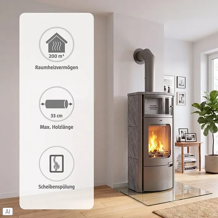 Kaminofen Prestige - 7 kW, Raumheizvermögen: 200 m³, Material Verkleidung: Speckstein - Moderner grauer Kaminofen mit Natursteinverkleidung, Flammen sichtbar. Raumheizvermögen 200 m³, max. 33 cm Holzlänge, mit Scheibenspülung.