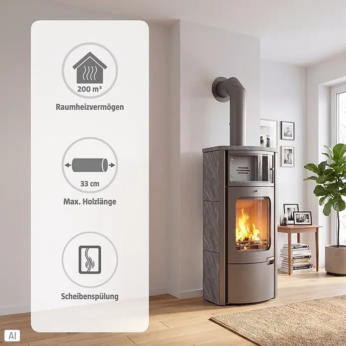 Kaminofen Prestige - 7 kW, Raumheizvermögen: 200 m³, Material Verkleidung: Speckstein - Moderner grauer Kaminofen mit Natursteinverkleidung, Flammen sichtbar. Raumheizvermögen 200 m³, max. 33 cm Holzlänge, mit Scheibenspülung.