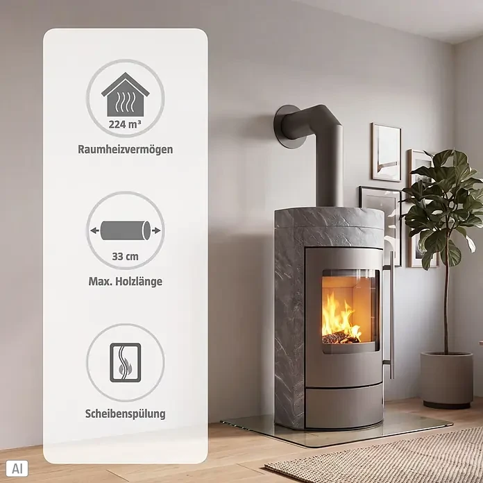 Kaminofen Ignis - 8 kW, Raumheizvermögen: 224 m³, Grau - Moderner grauer Kaminofen mit Steinverkleidung und brennendem Feuer, in einem Wohnzimmer mit Infografik.