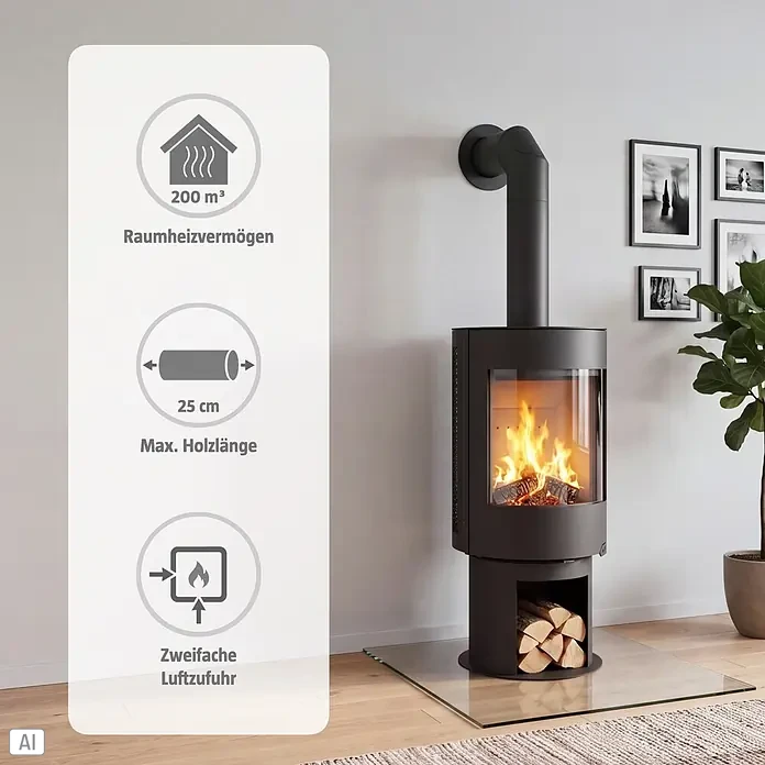 Kaminofen Maura - 7 kW, Raumheizvermögen: 200 m³, Schwarz - Schwarzer Kaminofen mit sichtbarem Feuer, integrierter Holzablage und Schornsteinrohr in modernem Wohnzimmer, mit Informations-Overlay.
