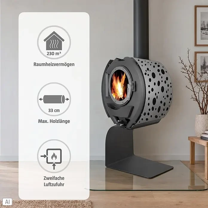 Kaminofen Sofia - 8 kW, Raumheizvermögen: 230 m³, Schwarz - Moderner dunkelgrauer Holzofen mit perforiertem Design, Flammen sichtbar, in einem Raum. Infografiken zeigen 230 m³ Heizleistung, 33 cm max. Holz, zweifache Luftzufuhr.