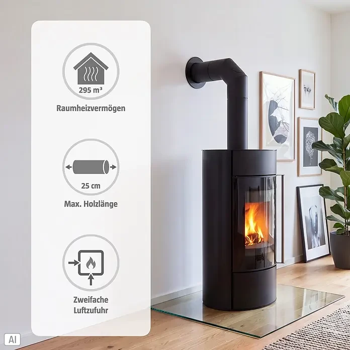 Kaminofen Nella - 10,3 kW, Raumheizvermögen: 295 m³, Schwarz - Ein moderner schwarzer Kaminofen mit brennendem Feuer, Heizleistung 295 m³, max. Holzlänge 25 cm und doppelter Luftzufuhr.