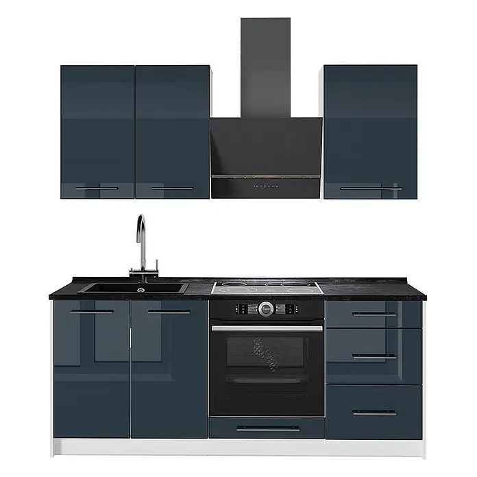 Vicco Singleküche - Breite: 190 cm, Dunkelblau Hochglanz, Ohne AP - Moderne Küchenzeile mit glänzenden dunkelblauen Schränken, schwarzer Arbeitsplatte, Spüle, Backofen, Kochfeld und Dunstabzugshaube.