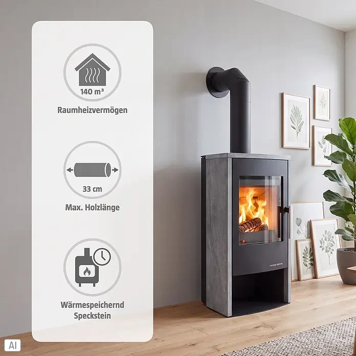 Haas+Sohn Kaminofen Rubus Easy - 6 kW, Raumheizvermögen: 140 m³, Material Verkleidung: Speckstein, Schwarz - Moderner Kaminofen in Grau-Schwarz mit Specksteinverkleidung, wärmespeichernd für Holz bis 33 cm Länge.