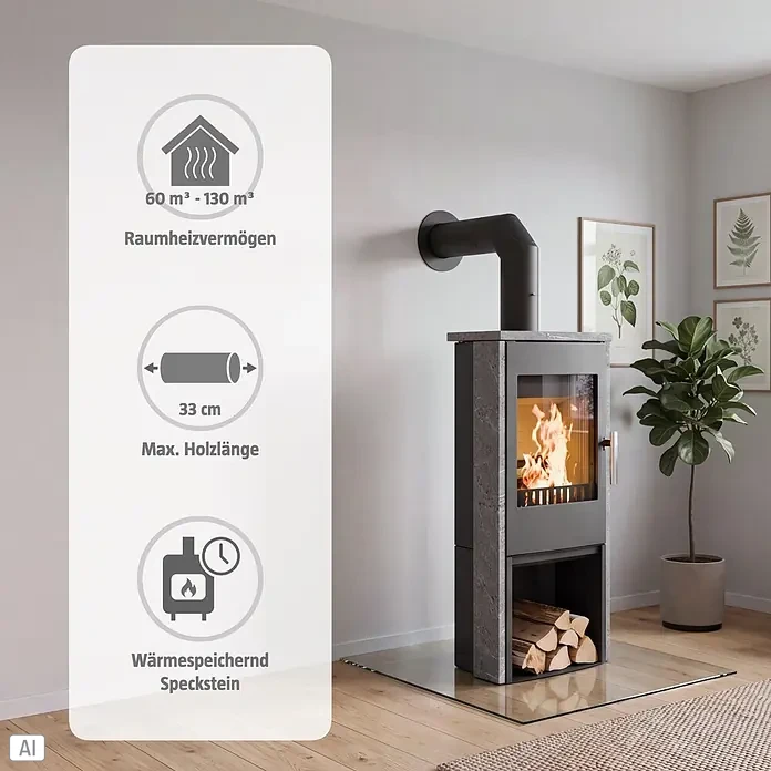 Haas+Sohn Kaminofen Vitorre - 7 kW, Raumheizvermögen: 60 m³ - 130 m³, Material Verkleidung: Speckstein, Schwarz - Dunkelgrauer Speckstein-Kaminofen mit schwarzem Ofenrohr, brennendem Feuer und Holzfach, in einem modernen Wohnzimmer.