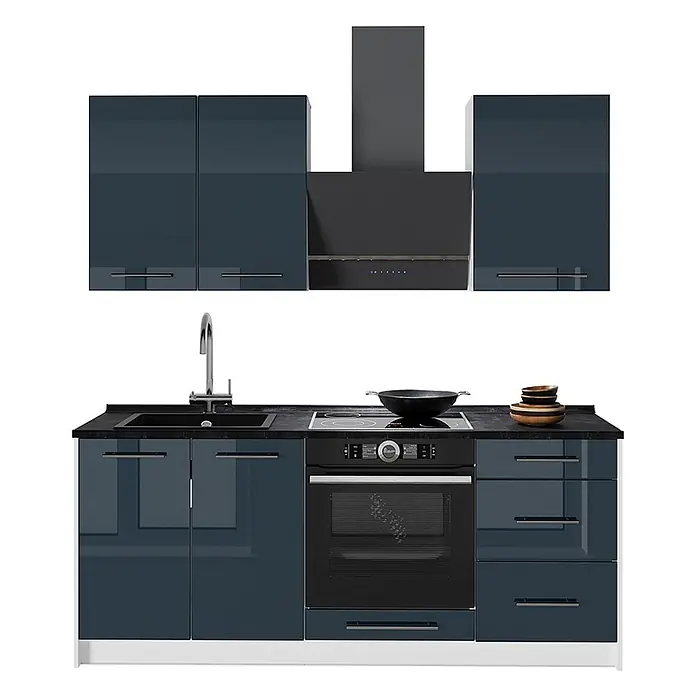 Vicco Singleküche - Breite: 190 cm, Dunkelblau Hochglanz, Ohne AP - Dunkelblaue glänzende modulare Küchenzeile mit Spüle, schwarzem Kochfeld, Backofen und passender Dunstabzugshaube.