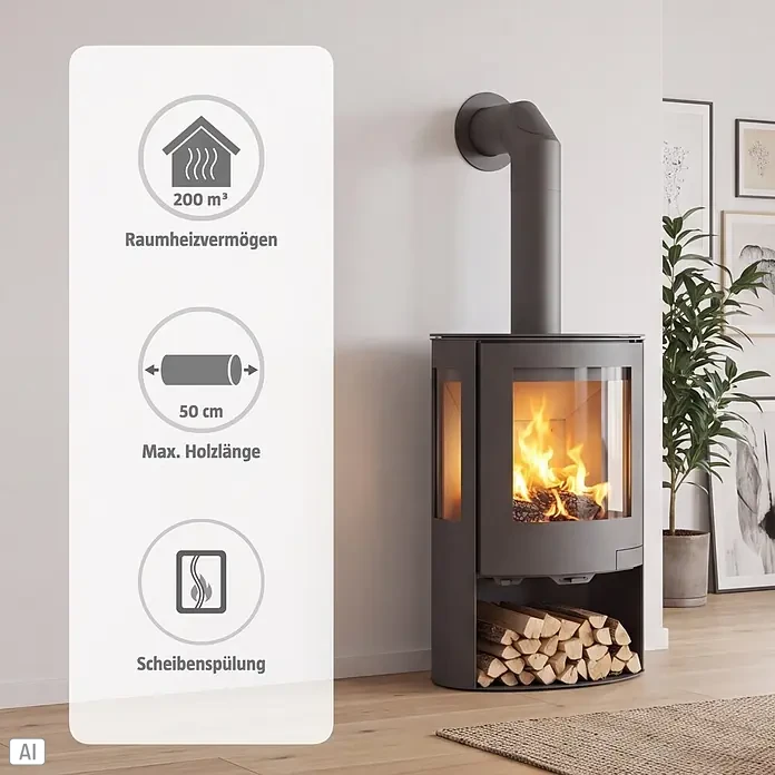 Panadero Kaminofen Baikal Trivision - 6,7 kW, Raumheizvermögen: 200 m³, Material Verkleidung: Stahl, Schwarz Metallic - Dunkelgrauer Kaminofen mit brennendem Feuer und integriertem Holzlager. Ein Overlay zeigt 200 m³ Heizleistung und 50 cm max. Holzlänge.