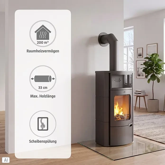 Kaminofen Prestige - 7 kW, Raumheizvermögen: 200 m³, Material Verkleidung: Stahl - Moderner dunkelgrauer Kaminofen, heizt bis zu 200m³ mit 33cm Holzscheiten, mit klarer Glastür und Scheibenspülfunktion.