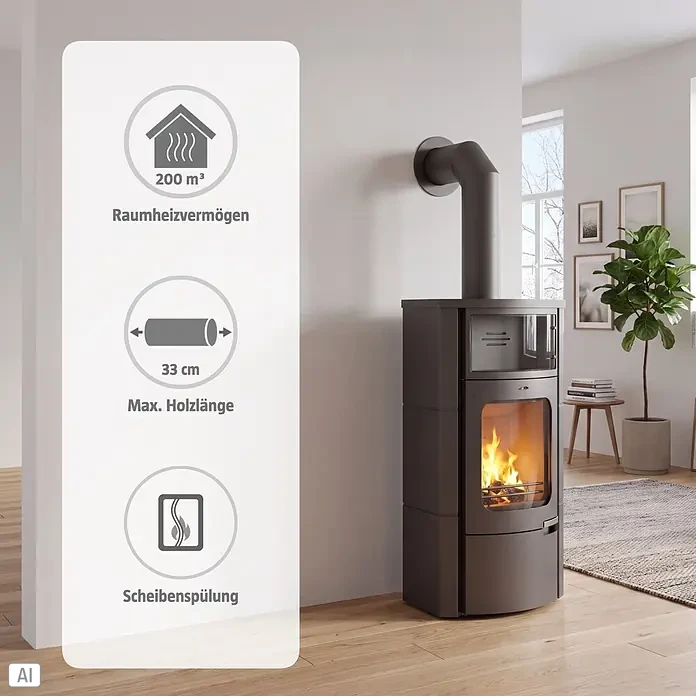 Kaminofen Prestige - 7 kW, Raumheizvermögen: 200 m³, Material Verkleidung: Stahl - Moderner dunkelgrauer Kaminofen, heizt bis zu 200m³ mit 33cm Holzscheiten, mit klarer Glastür und Scheibenspülfunktion.