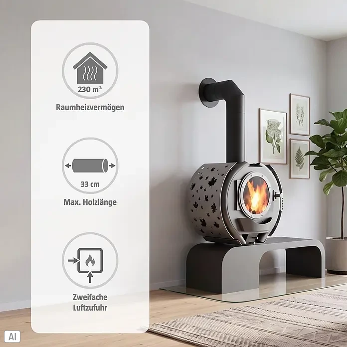 Kaminofen Sofia - 8 kW, Raumheizvermögen: 230 m³, Schwarz - Ein moderner dunkelgrauer Holzofen mit runder Brennkammer und Blattmustern, in einem hellen Wohnzimmer, neben einem Infopanel mit seinen Merkmalen.