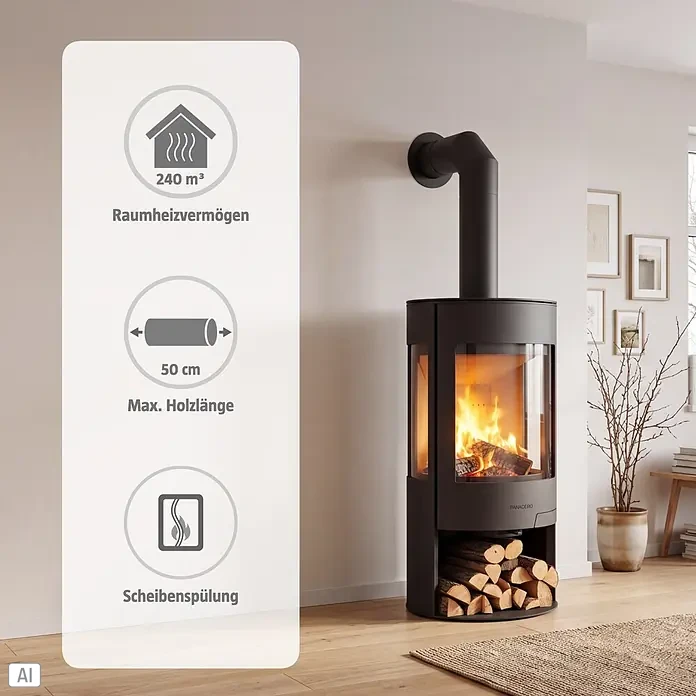 Panadero Kaminofen Helsinki Ecodesign - 8 kW, Raumheizvermögen: 240 m³, Material Verkleidung: Stahl, Schwarz Metallic - Schwarzer Kaminofen heizt bis 240 m³, max. 50 cm Holz, mit Scheibenspülung, im modernen Wohnzimmer.