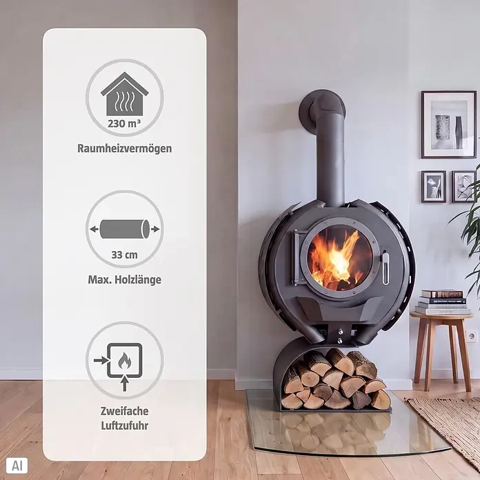 Kaminofen Sofia - 8 kW, Raumheizvermögen: 230 m³, Schwarz - Moderner Kaminofen (dunkelgrau) mit brennendem Holz, Holzfach; 230 m³ Heizleistung, 33 cm Holzlänge, doppelte Luftzufuhr.
