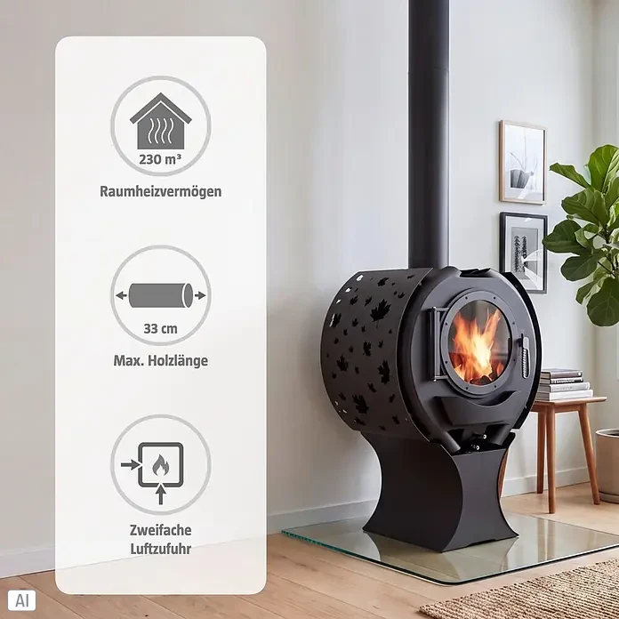 Kaminofen Sofia - 8 kW, Raumheizvermögen: 230 m³, Schwarz - Ein schwarzer Holzofen mit dekorativen Ahornblatt-Ausschnitten und runder Glastür, die Flammen zeigt, in einem modernen Wohnzimmer.