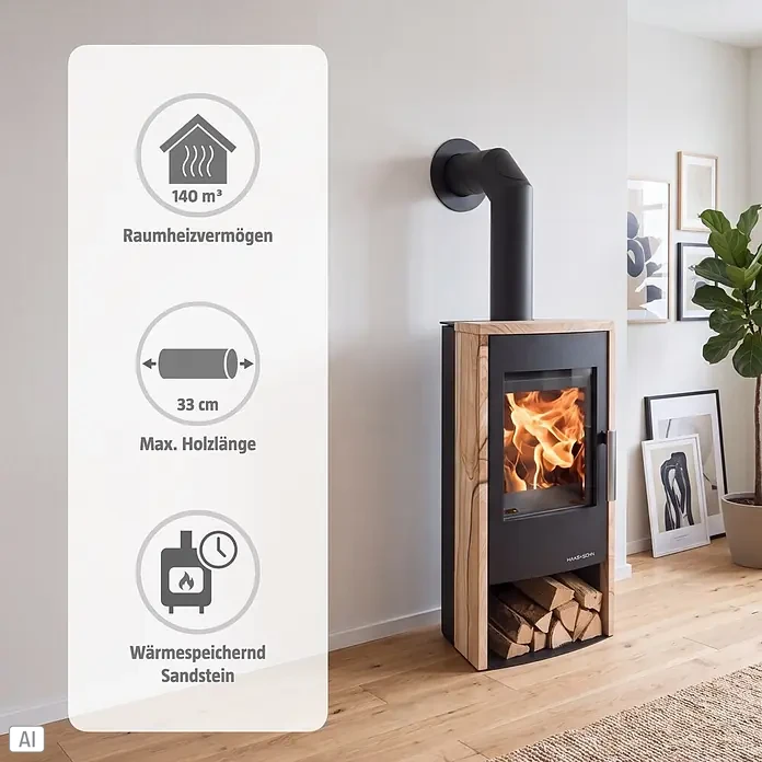 Haas+Sohn Kaminofen Rubus Easy - 6 kW, Raumheizvermögen: 140 m³, Material Verkleidung: Sandstein, Schwarz - Moderner Holzofen mit hellem Holzrahmen, schwarzem Korpus und sichtbaren Flammen, im Raum mit Holzscheitablage darunter.