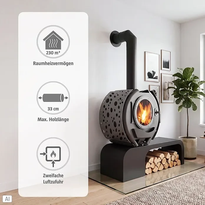 Kaminofen Sofia - 8 kW, Raumheizvermögen: 230 m³, Schwarz - Ein dunkelgrauer, moderner Holzofen mit perforierter Hülle und runder Brennkammer, auf einer passenden Bank mit gelagertem Brennholz. Flammen sind sichtbar.