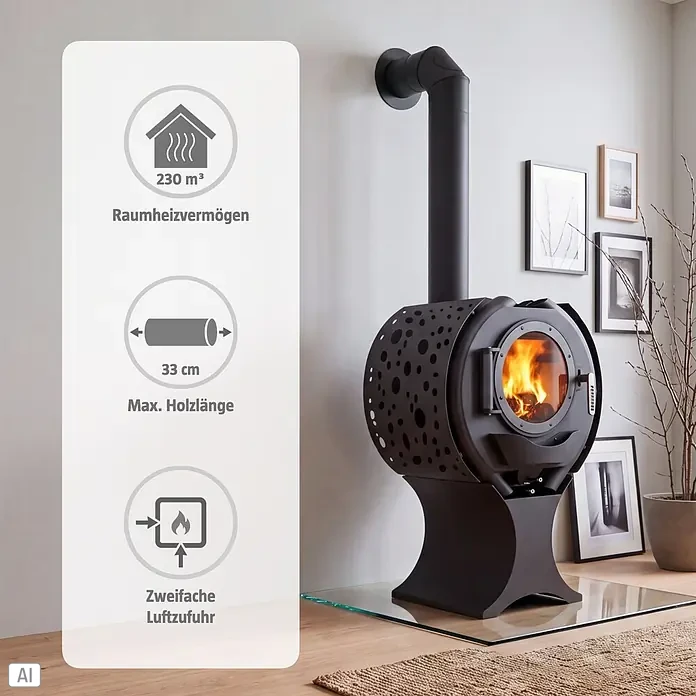 Kaminofen Sofia - 8 kW, Raumheizvermögen: 230 m³, Schwarz - Ein moderner schwarzer Kaminofen mit kugelförmigem, perforiertem Design und Glasfenster mit Flammen.